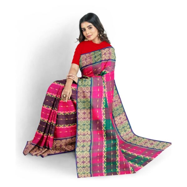 Pink and Green Cotton Tant Saree