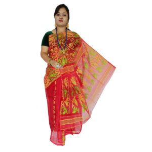 Handwoven Red Colour Floral Jamdani Saree in Cotton Silk