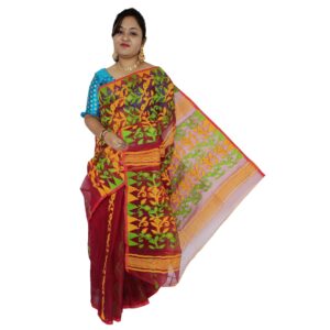 Handloom Red Maroon Dhakai Jamdani Saree in Cotton Silk