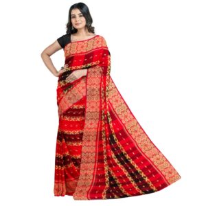 Handwoven Red and Black Cotton Tant Saree with Silk Border