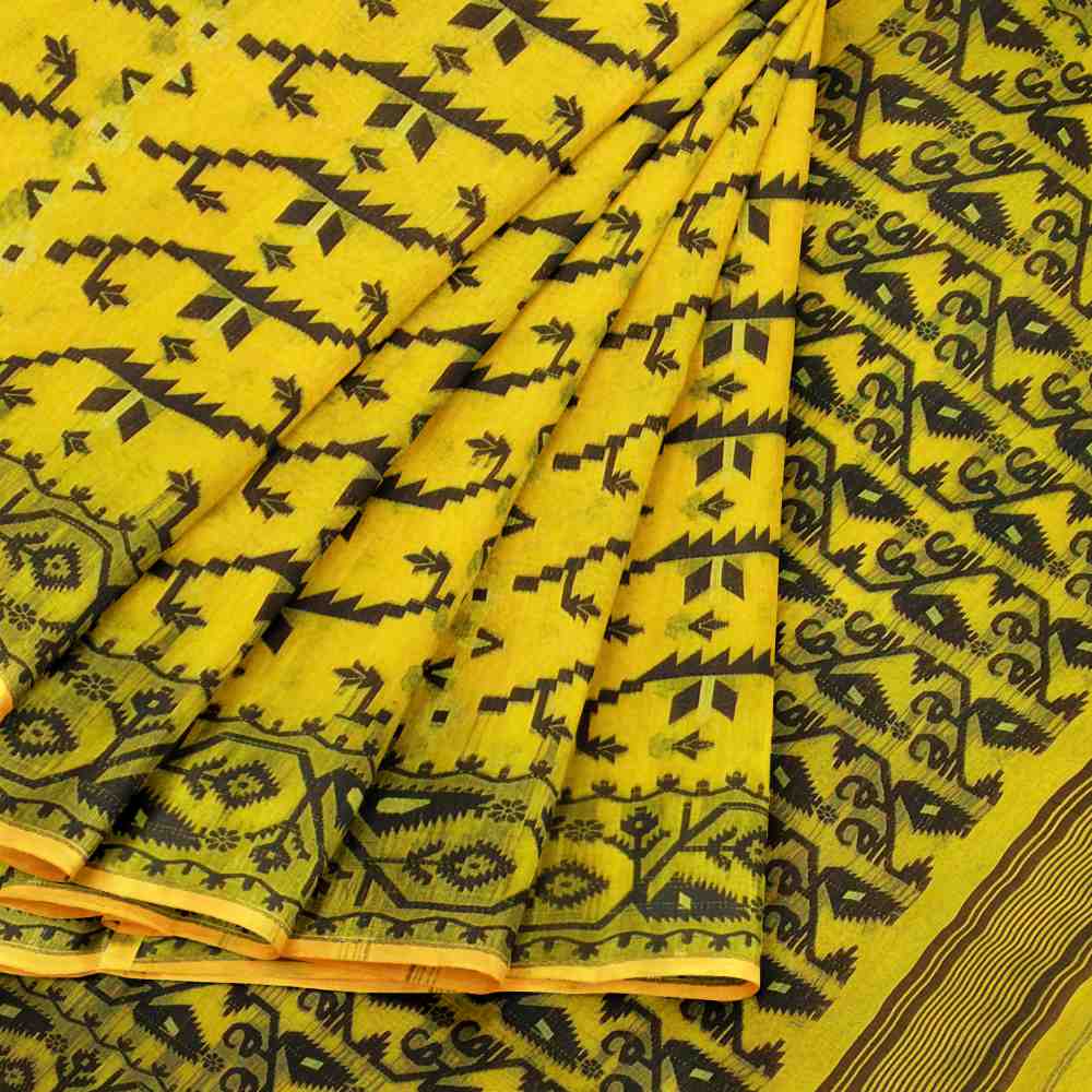 Black Yellow Bengali Jamdani Saree Handwoven 5.5m | Traditional Korat Work | Haldi, Gaye Holud, Saraswati Puja Wedding Saree 3 Yellow and Black Combination Saree for Haldi Ceremony