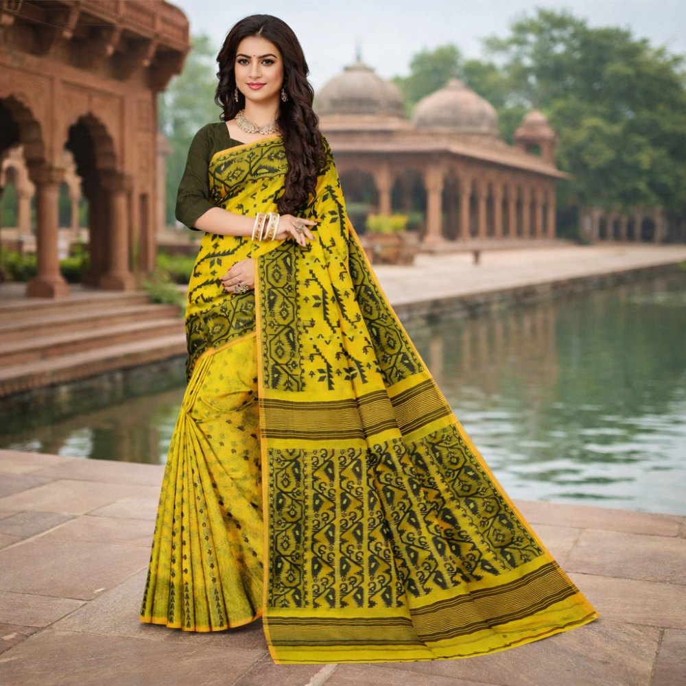 Black Yellow Bengali Jamdani Saree Handwoven 5.5m | Traditional Korat Work | Haldi, Gaye Holud, Saraswati Puja Wedding Saree 1 Yellow and Black Combination Saree for Haldi Ceremony