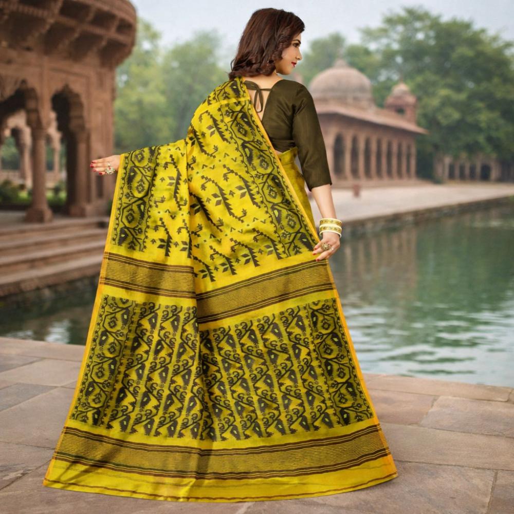Black Yellow Bengali Jamdani Saree Handwoven 5.5m | Traditional Korat Work | Haldi, Gaye Holud, Saraswati Puja Wedding Saree 2 Yellow and Black Combination Saree for Haldi Ceremony