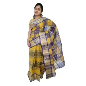 Bengal Pure Cotton Tant Yellow and Blue Saree in Zari Border
