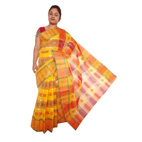 Yellow and Red Cotton Tant Saree Images