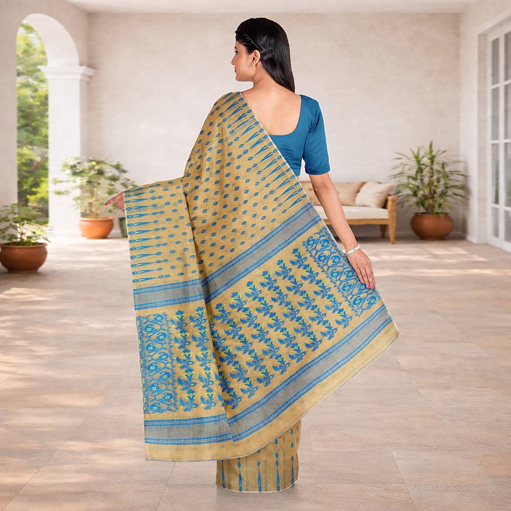 Cream Blue Dhakai Jamdani Saree | Cotton Silk Temple Border | Lightweight Festive Wear 2 Cream Color Temple Border Jamdani Saree