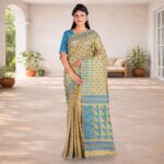 Cream Blue Dhakai Jamdani Saree | Cotton Silk Temple Border | Lightweight Festive Wear
