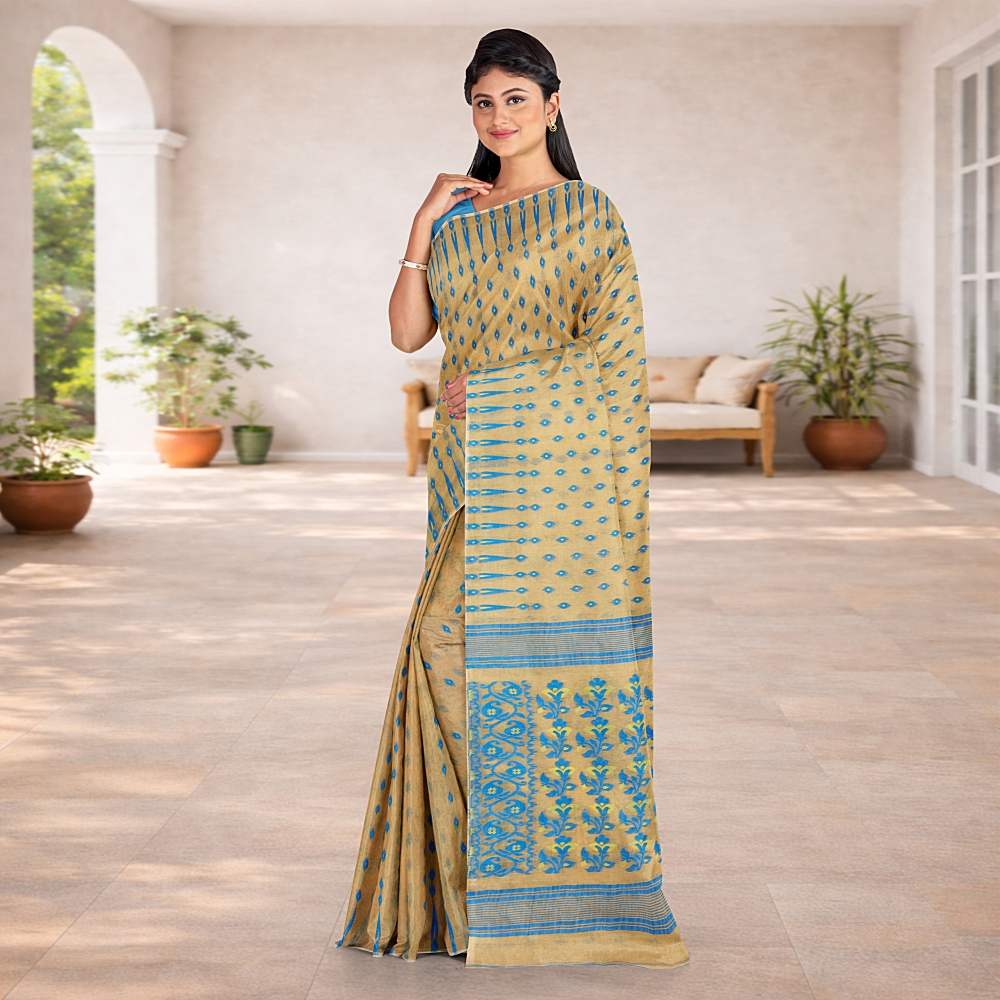 Cream Blue Dhakai Jamdani Saree | Cotton Silk Temple Border | Lightweight Festive Wear 3 Cream Color Temple Border Jamdani Saree