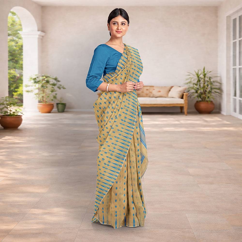 Cream Blue Dhakai Jamdani Saree | Cotton Silk Temple Border | Lightweight Festive Wear 4 Cream Color Temple Border Jamdani Saree