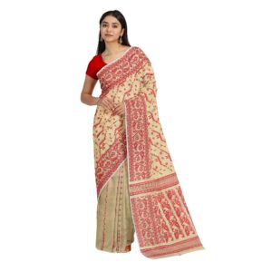 Off White and Red Jamdani Saree in Pure Cotton Silk