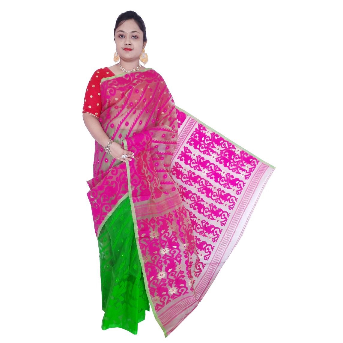Buy New Pink And Green Half Half Dhakai Jamdani Saree