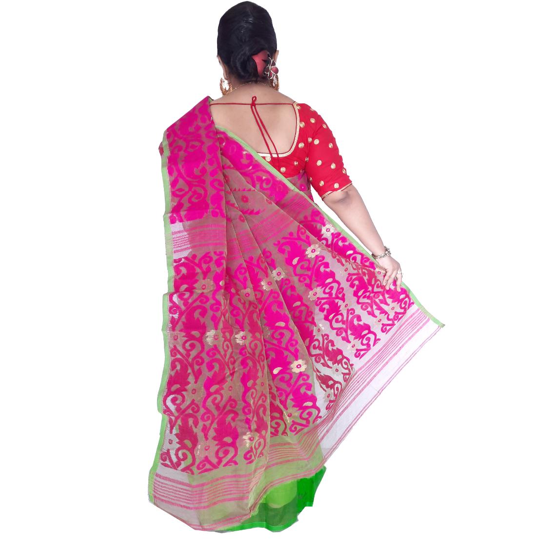 Buy New Pink And Green Half Half Dhakai Jamdani Saree