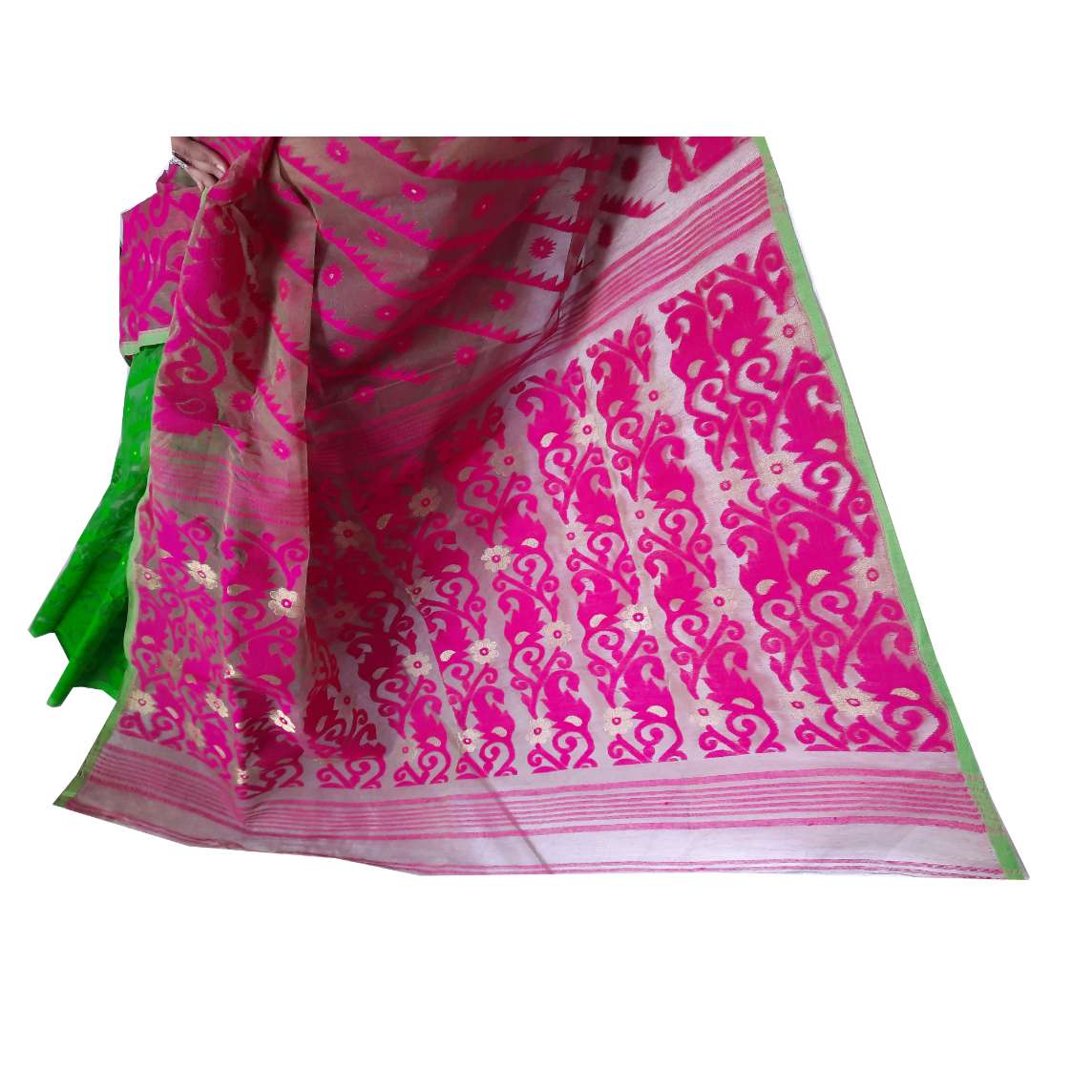 Buy New Pink And Green Half Half Dhakai Jamdani Saree