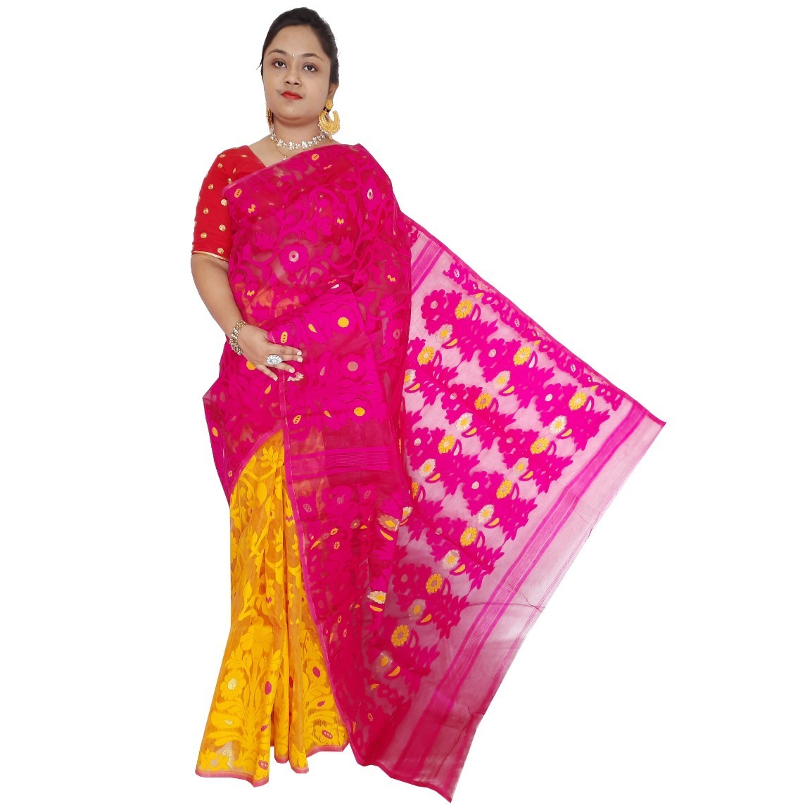 Buy Fulia Pink Yellow Half Half Dhakai Jamdani Saree