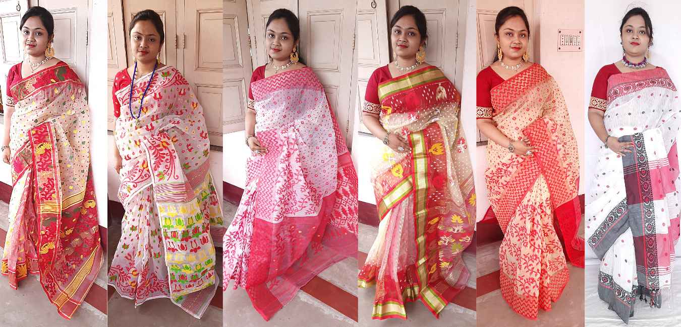 Red aand White Jamdani and Tant Sarees for Durga Puja