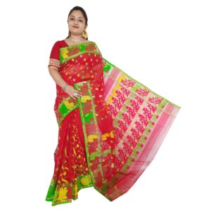 Handwoven Resham Silk Red Colour Jamdani Saree from Fulia