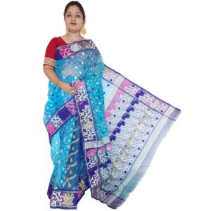 Pure Resham Silk Sky Blue Dhakai Jamdani Saree from Fulia