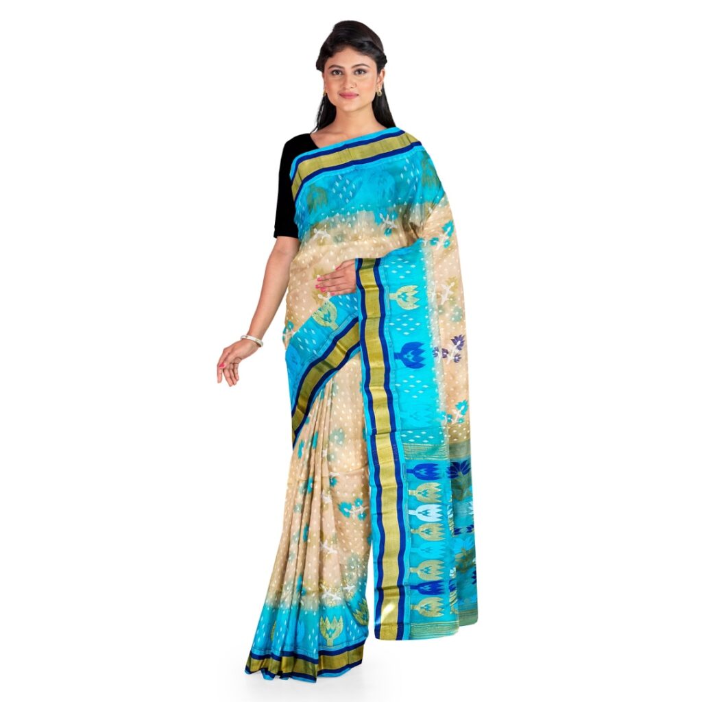 buy-tussar-silk-jamdani-cream-and-blue-combination-saree