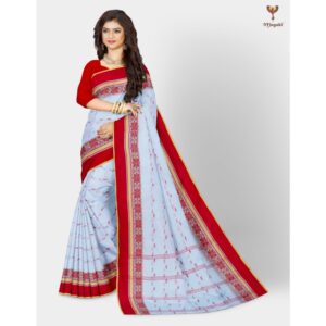White and Red 100% Pure Cotton Bengali Tant Saree