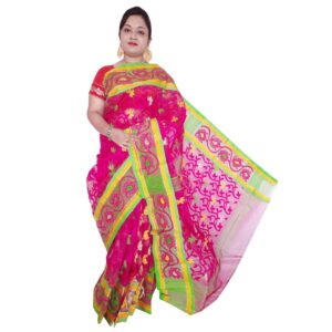 Resham Silk Pink Dhakai Jamdani Saree with Green Border