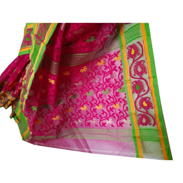 Deep Pink Dhakai Jamdani Saree with Green Border