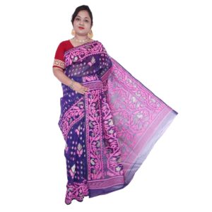 Handwoven Navy Blue Cotton Silk Dhakai Jamdani Saree