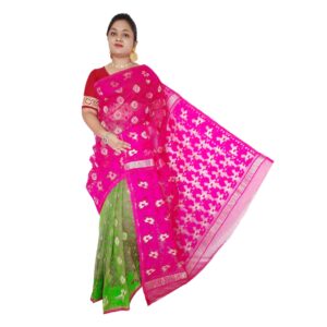 Resham Silk Pink with Green Half Half Jamdani Saree