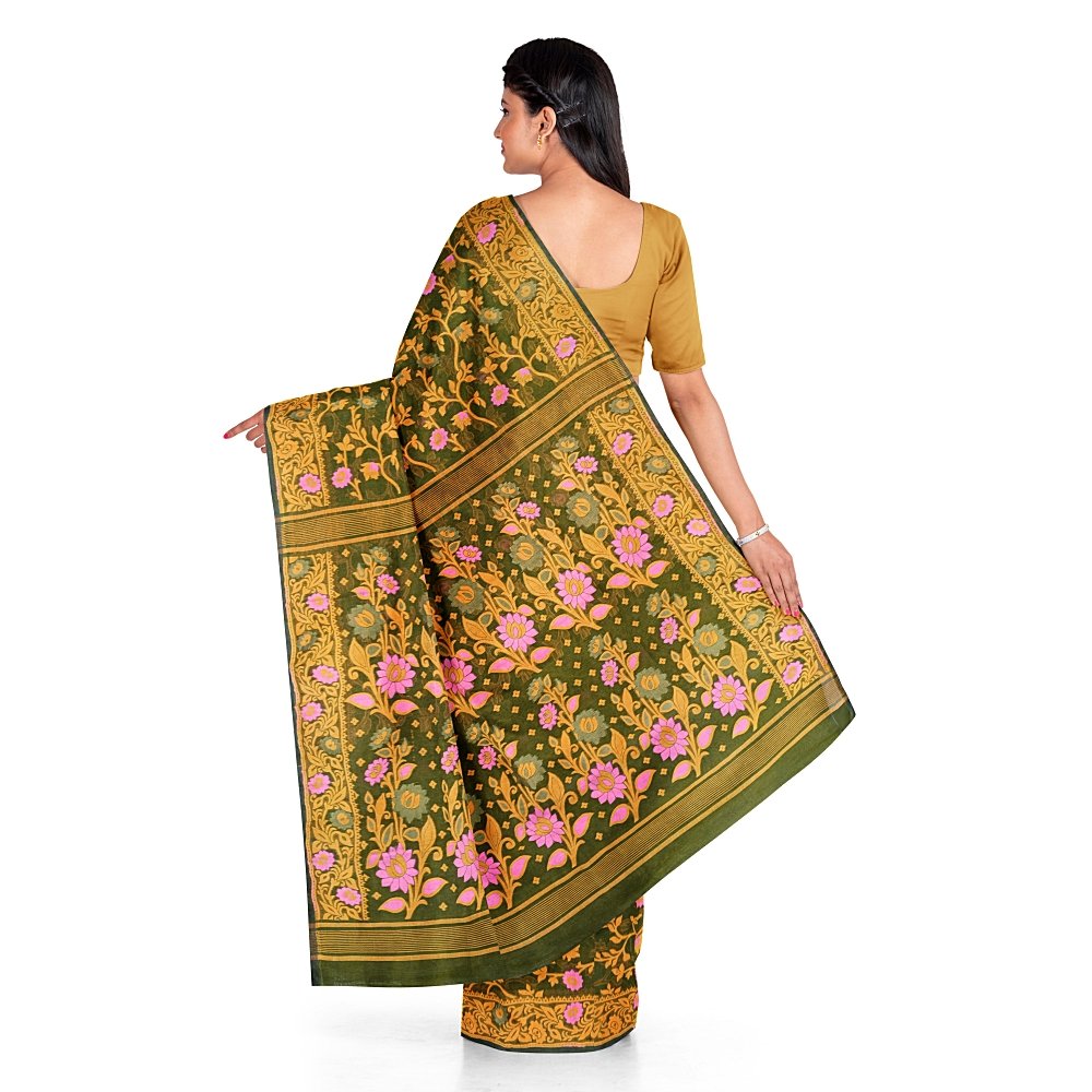 Handwoven Green & Yellow Cotton Silk Jamdani Saree (All Over Work) 2 Pista Green Color Saree