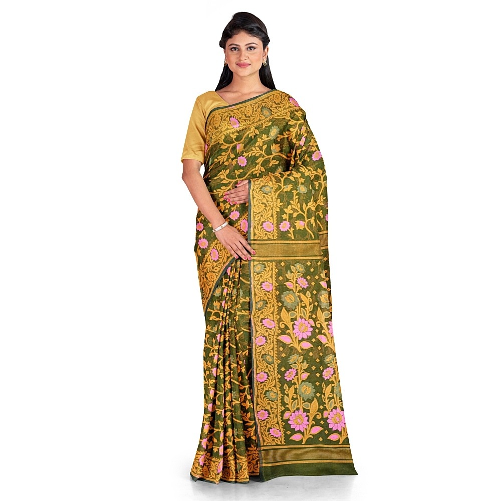 Handwoven Green & Yellow Cotton Silk Jamdani Saree (All Over Work) 1 Pista Green Color Saree