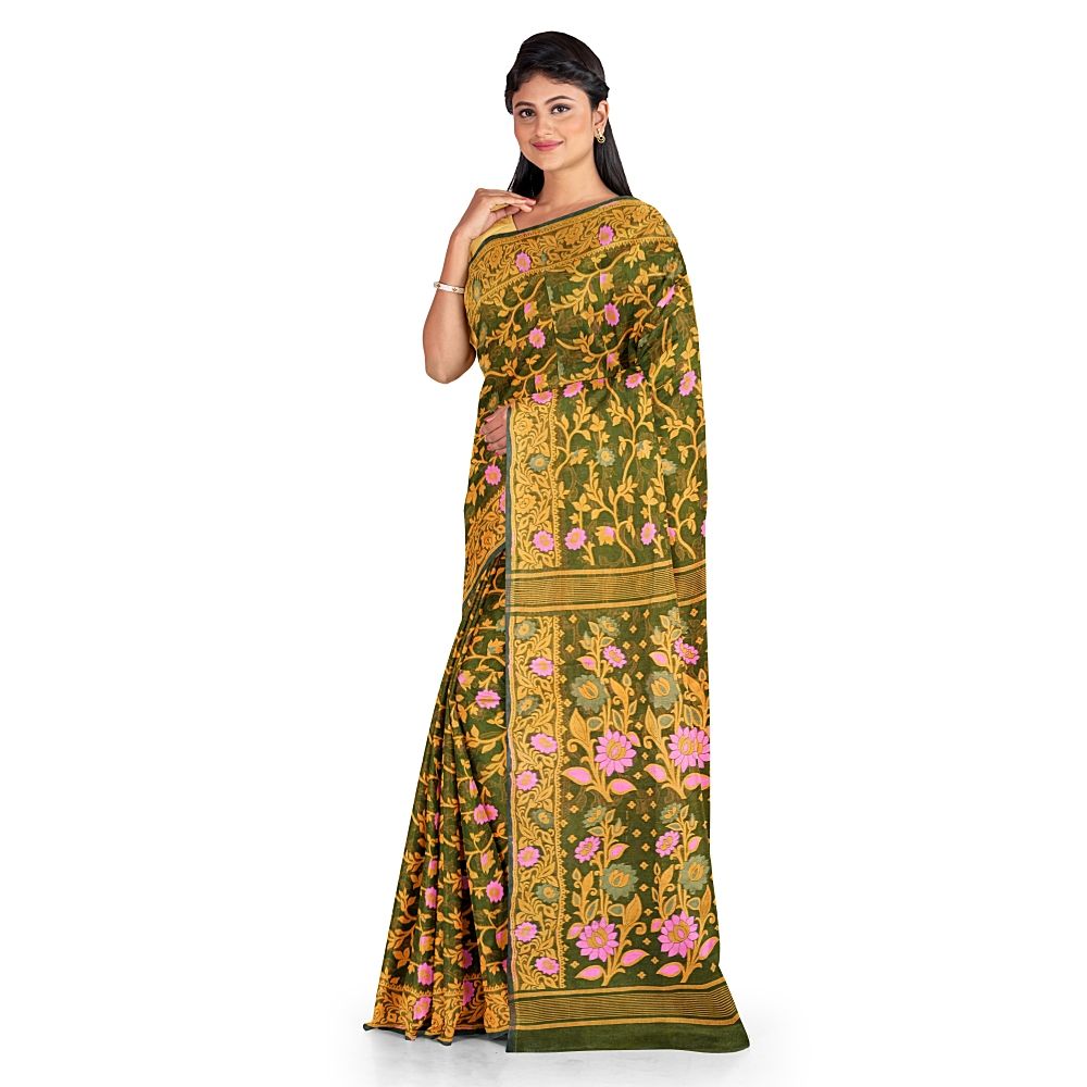 Handwoven Green & Yellow Cotton Silk Jamdani Saree (All Over Work) 3 Pista Green Color Saree