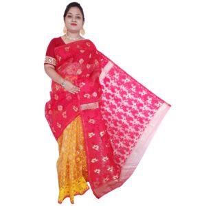 Red and Yellow Half Half Jamdani Saree in Resham Silk
