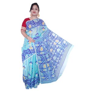 Handwoven Sky Blue Cotton Silk Jamdani Saree (All Over Work)