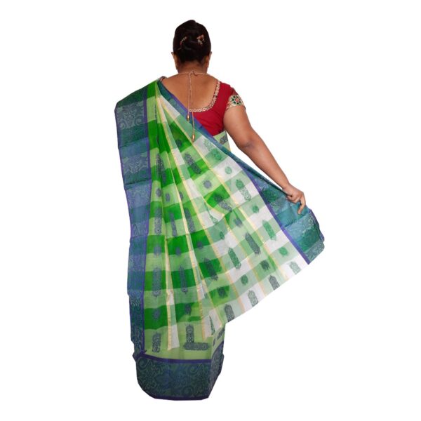 White and Green Cotton Tant Saree