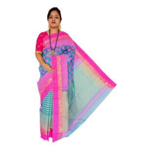 Blue & Pink Patli Pallu Cotton Silk Jamdani Saree with All Over Work