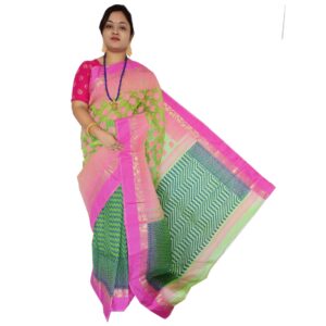 Parrot Green Jamdani Cotton Silk Patli Pallu All Over Work Tant Saree