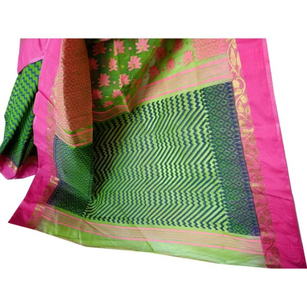 Green Silk Dhakai Jamdani Saree with Pink Border