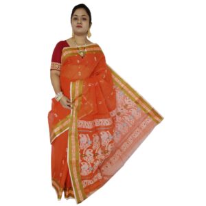Orange Pure Cotton Tant Baluchari Saree with Designed Silk Border