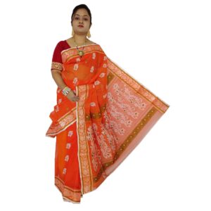 Pure Cotton Orange Baluchari Tant Saree with Designed Silk Border