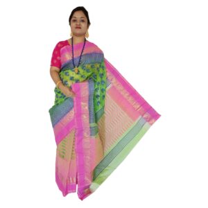Pink and Green Jamdani Cotton Silk Patli Pallu All Over Work Tant Saree