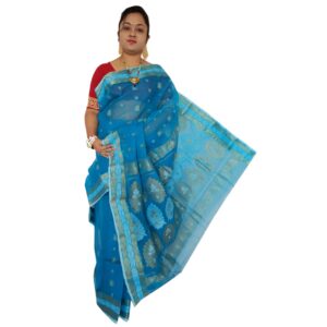 Sky Blue Pure Cotton Baluchari Tant Saree with Designed Silk Border