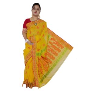 Yellow Red Cotton Baluchari Tant Saree with Designed Silk Border for Gaye Holud Special