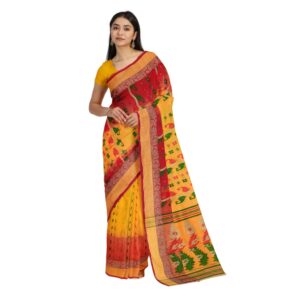 Yellow and Red Pure Tussar Silk Tant Banarasi Saree
