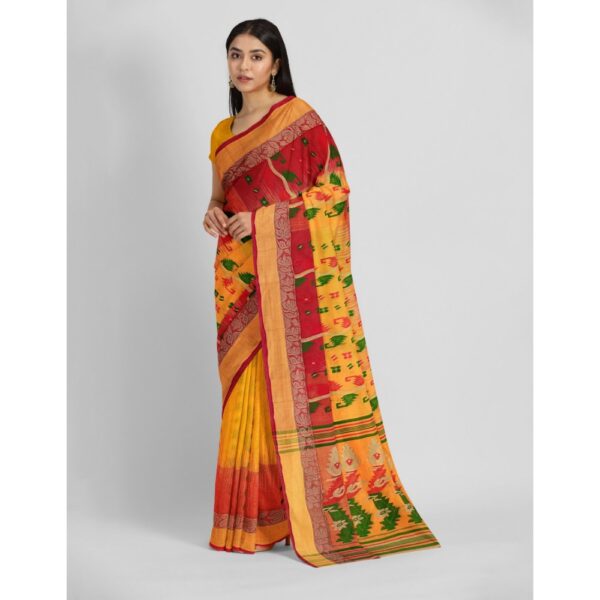 Yellow & Red Tussar Silk Tant Banarasi Sari