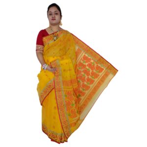 Yellow Pure Cotton Tant Baluchari Saree with Designed Silk Border (Gaye Holud Special)