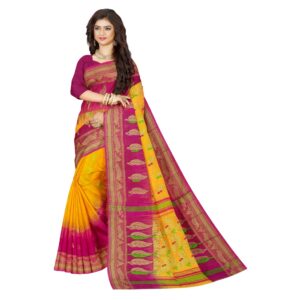 Yellow and Pink Tussar Silk Tant Banarasi Saree with Zari Border