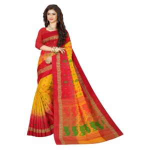 Yellow Tant Banarasi Saree with Red Border