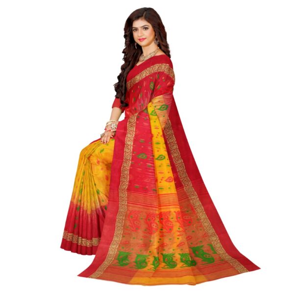 Yellow and Red Tant Banarasi Saree Haldi Ceremony