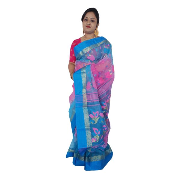 Blue and Pink Tussar Silk Tant Saree