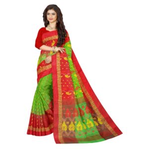 Green Bengal Tussar Silk Tant Banarasi Saree with Red Border