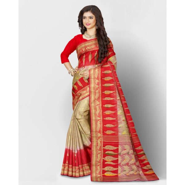 Off White Tussar Silk Saree with Red Border